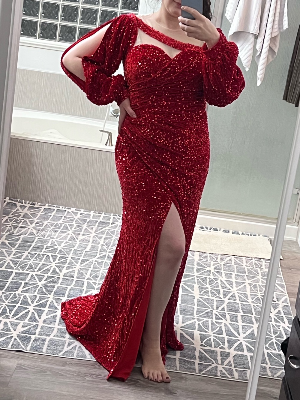 Mondressy Red Sequin One-Shoulder Prom Gown with Thigh Slit